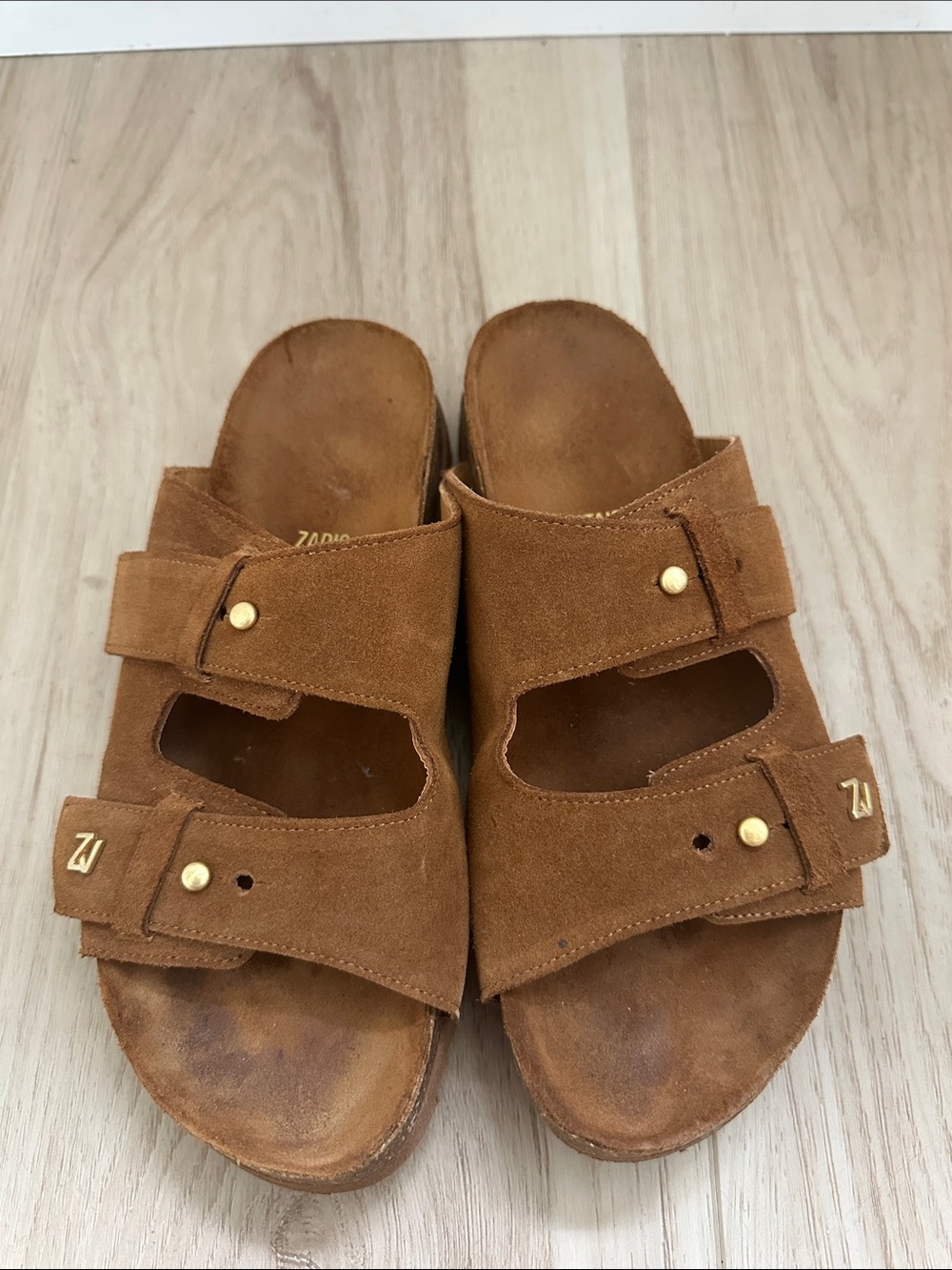 Zadig & Voltaire Tan Suede Double-Strap Slide Sandals